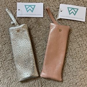 Kelly Wynne Privacy Pouches in silver metallic floral and pastel pink glitter